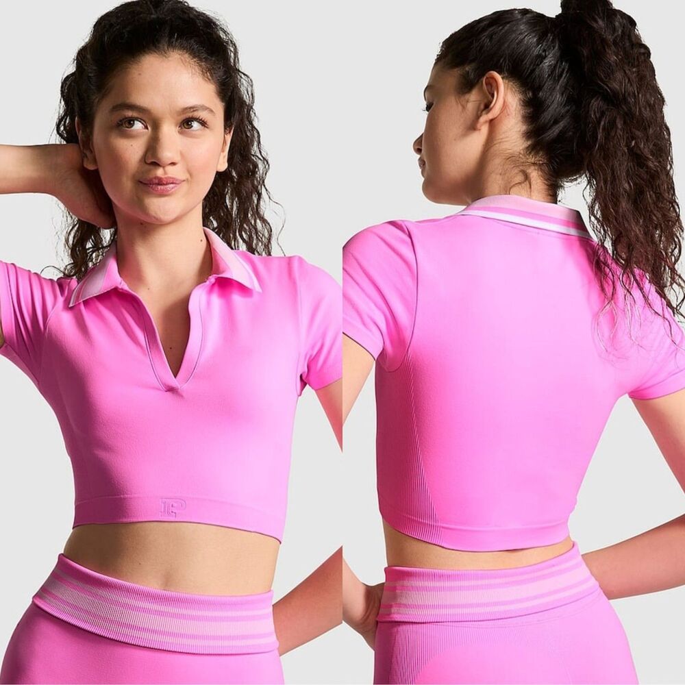 Victoria's Secret PINK Soft Seamless Polo Cropped Tee Medium Barbie Hot Pink